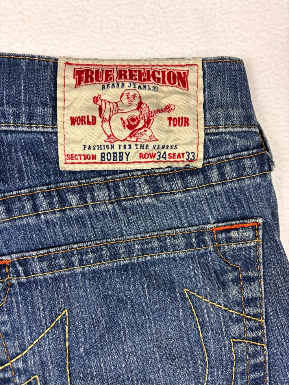 Vintage True Religion Bobby World‎ Tour Blue Denim Cut Off Shorts Sz 34